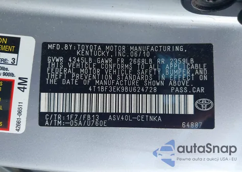 2011 Toyota Camry Le z USA, uszkodzony, nr VIN 4T1BF3EK9BU624728